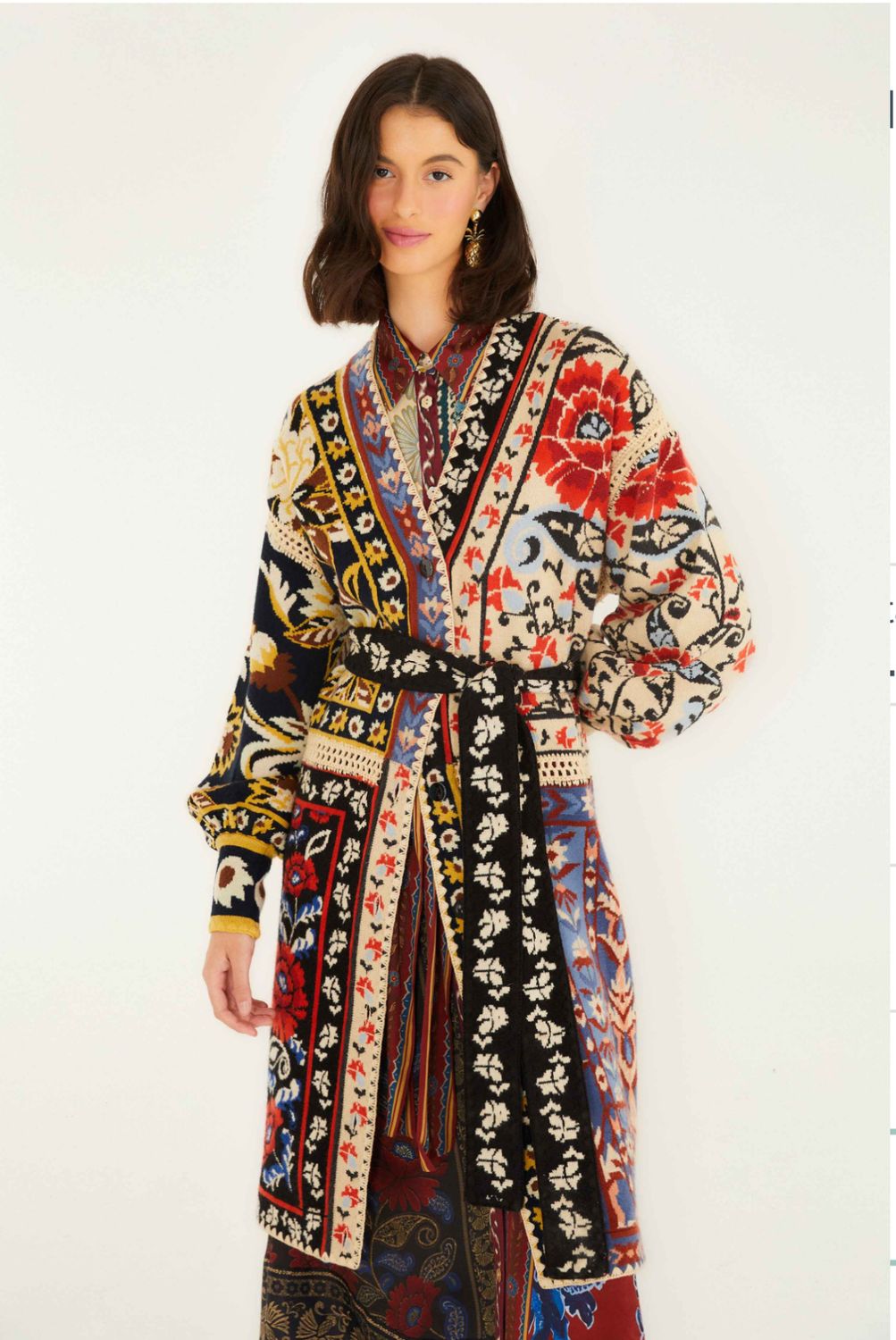 FLOWER PRINT PATCHWORK KNIT MIDI CARDIGAN