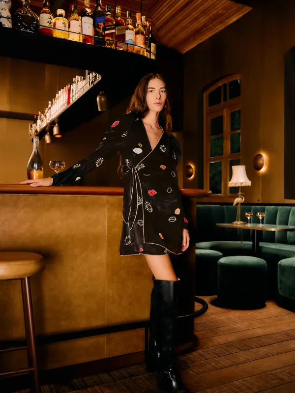 BEADED KISSES BLACK WRAP MINI DRESS