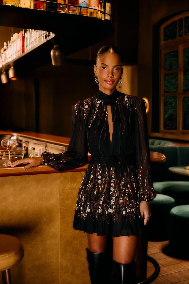 GARDEN SILHOUETTE BLACK LONG SLEEVE MINI DRES