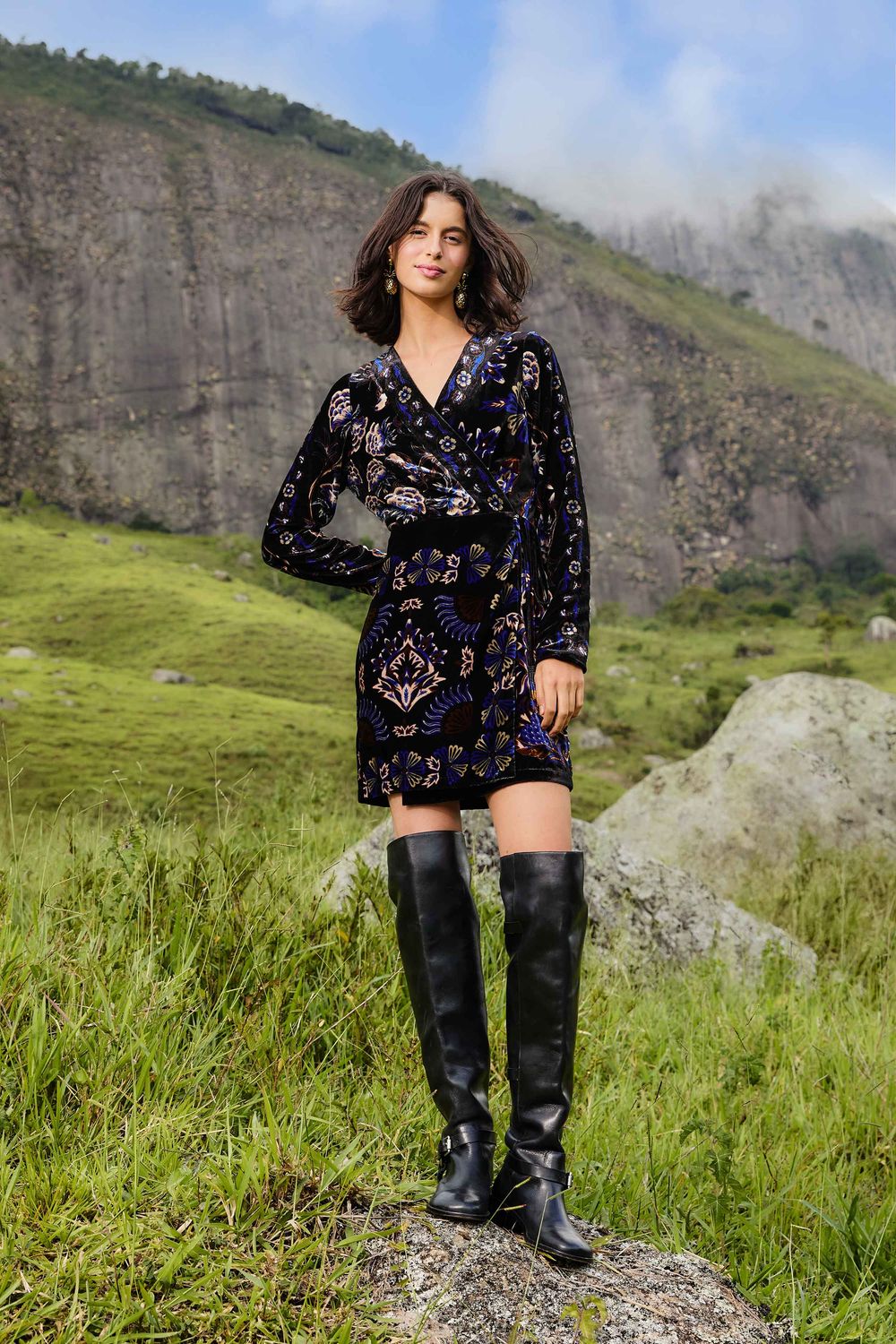 ARABESQUE MIX SCARVES BLACK WRAP MINI DRESS