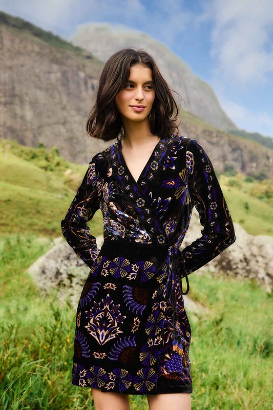 ARABESQUE MIX SCARVES BLACK WRAP MINI DRESS