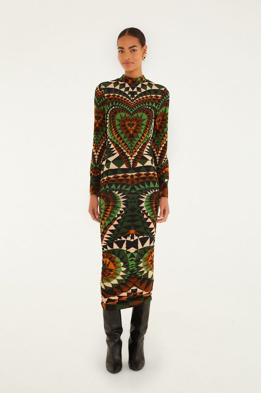HEART DECO GREEN JERSEY MIDI DRESS