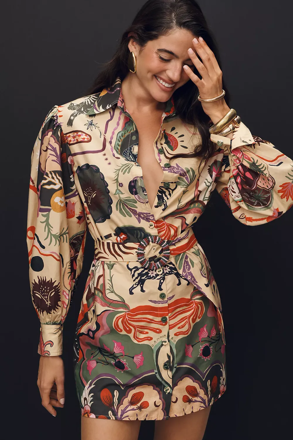 ARTSY SURREAL LAND BEIGE MINI DRESS LONG SLEE