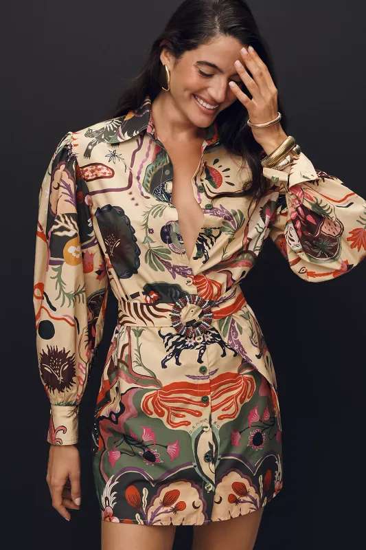 ARTSY SURREAL LAND BEIGE MINI DRESS LONG SLEE