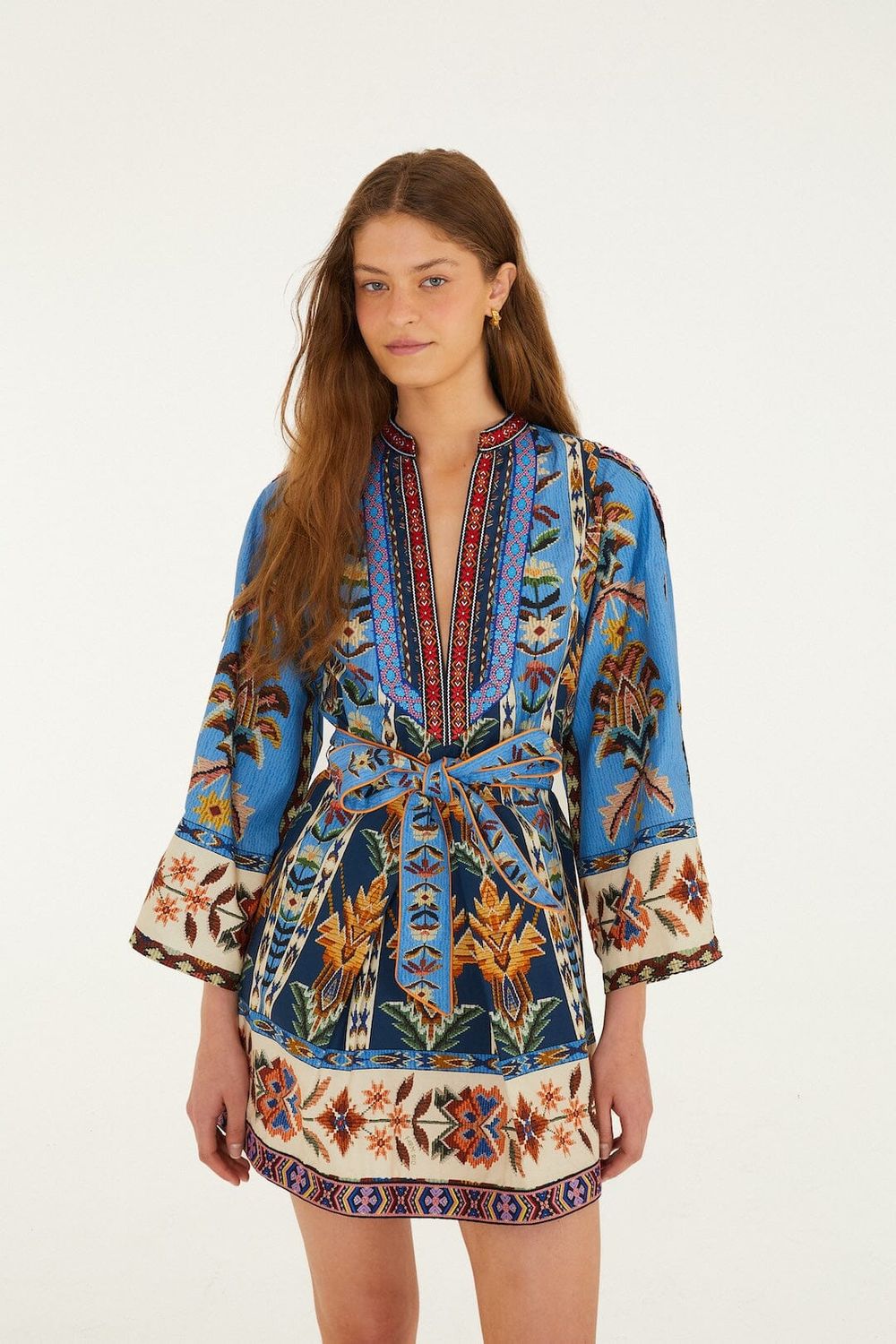 EMBROIDERED TAPESTRY BLUE MINI DRESS