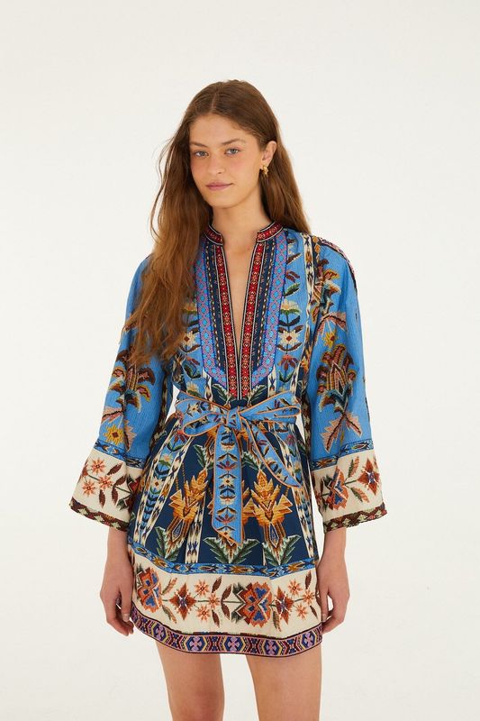 EMBROIDERED TAPESTRY BLUE MINI DRESS