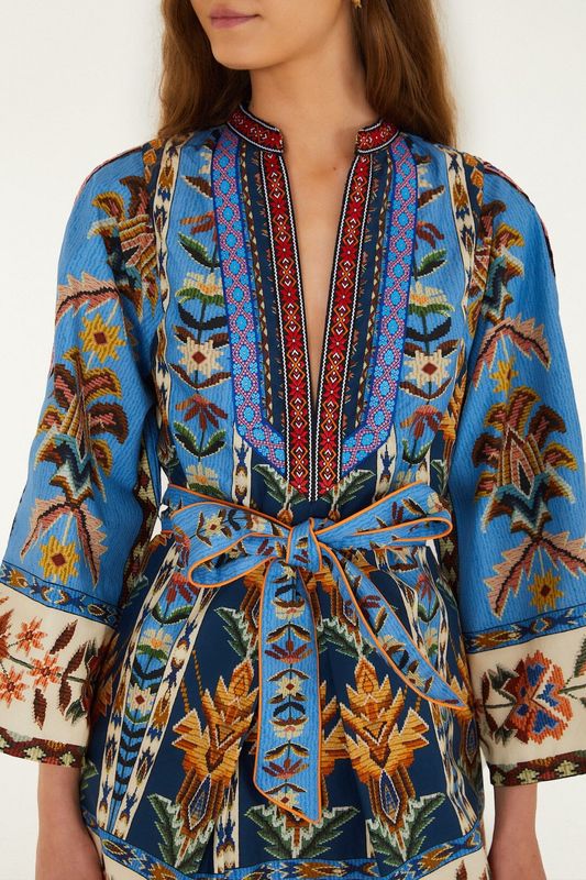 EMBROIDERED TAPESTRY BLUE MINI DRESS
