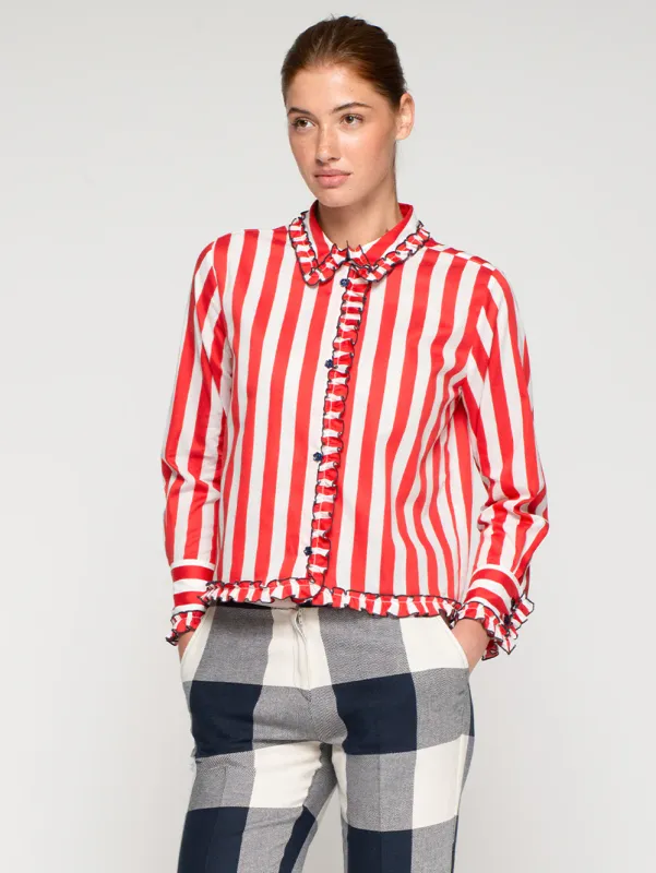 RED STRIPE RUFFLE TRIM TOP