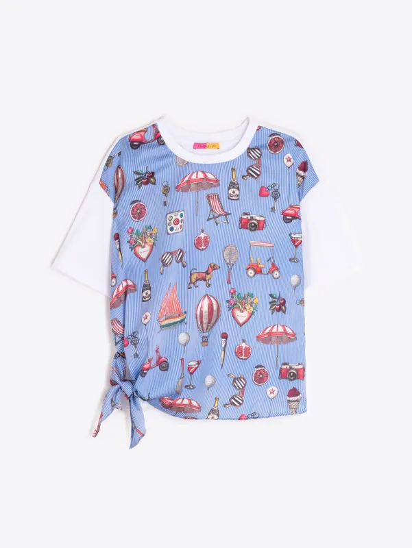 BLUE PRINT TEE WITH SIDE KNOT