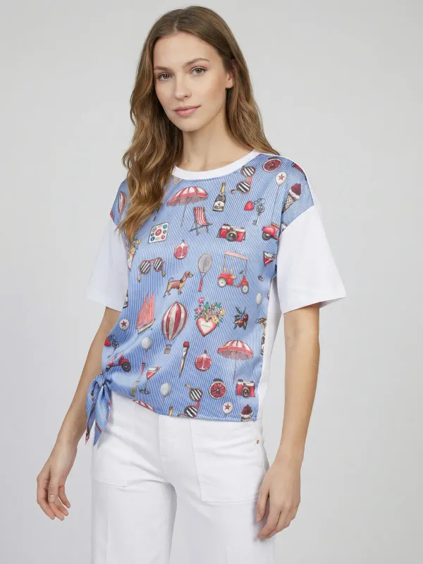 BLUE PRINT TEE WITH SIDE KNOT