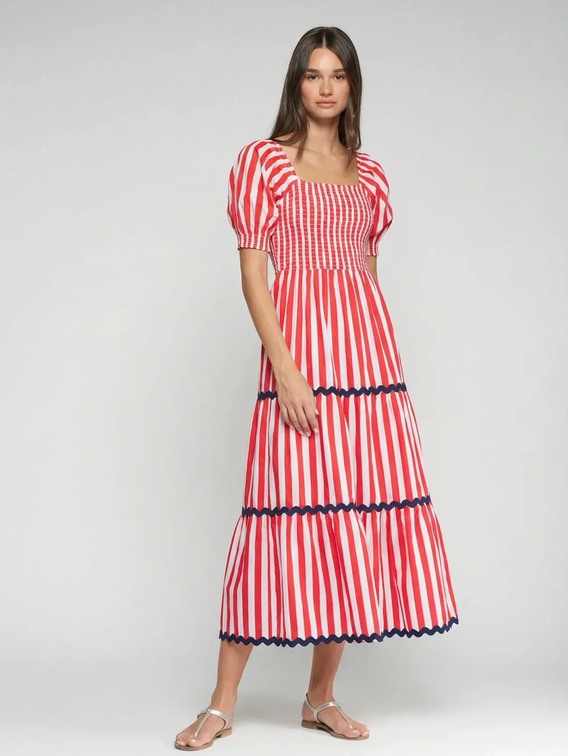 RED STRIPED LONG DRESS WITH SMOCKING - 33405