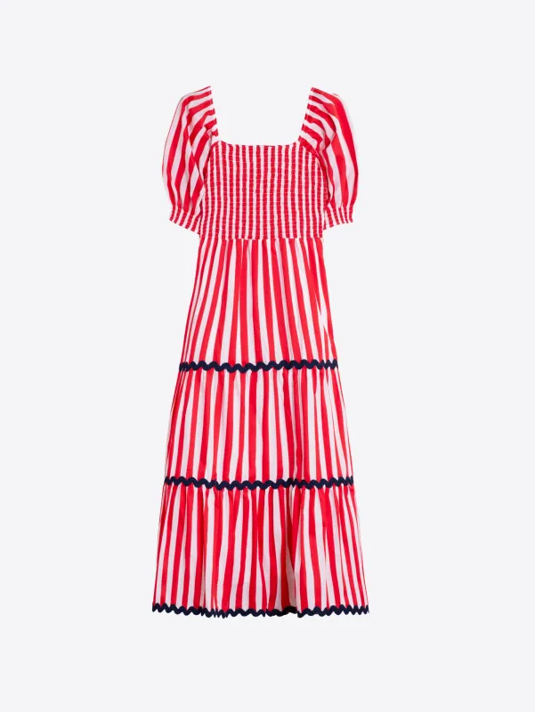 RED STRIPED LONG DRESS WITH SMOCKING - 33405