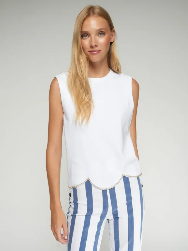 WHITE SLEEVELESS TOP WITH SCALLOPED RHINESTONES
