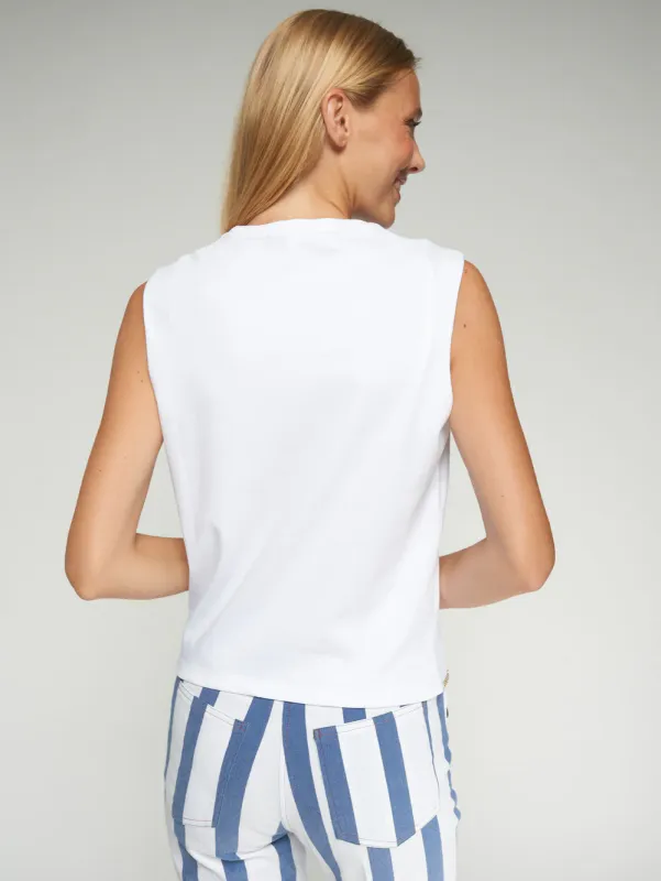 WHITE SLEEVELESS TOP WITH SCALLOPED RHINESTONES