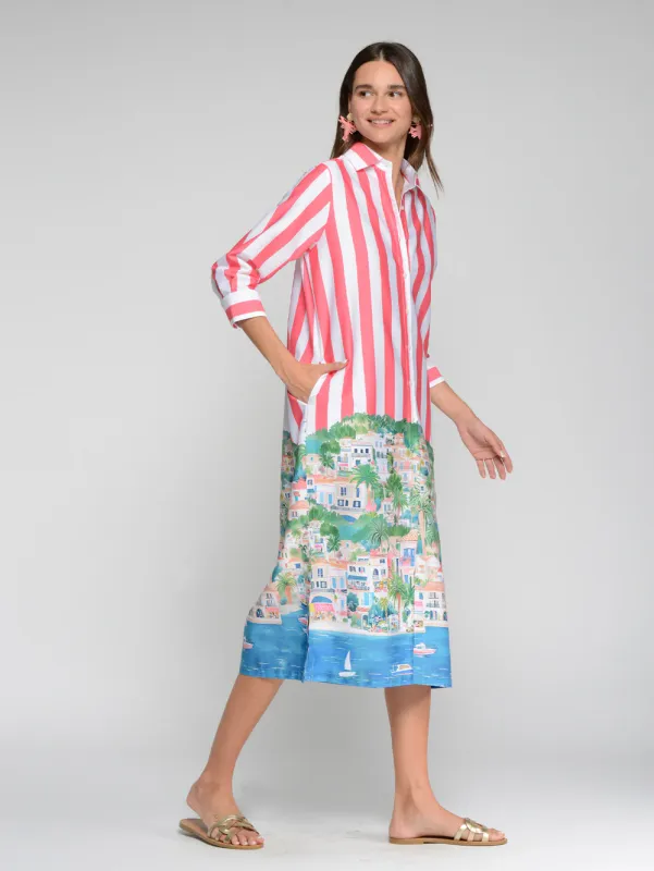 STRIPED SHIRT DRESS WITH COASTAL SCENE