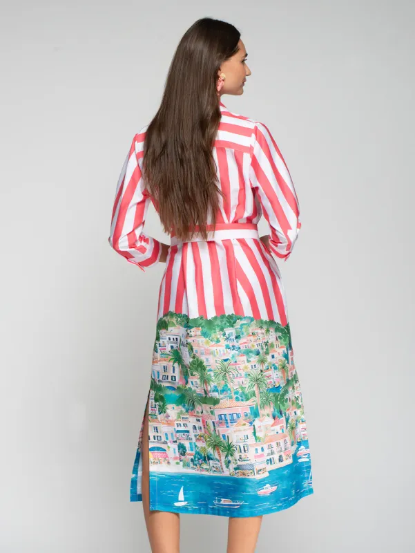 STRIPED SHIRT DRESS WITH COASTAL SCENE