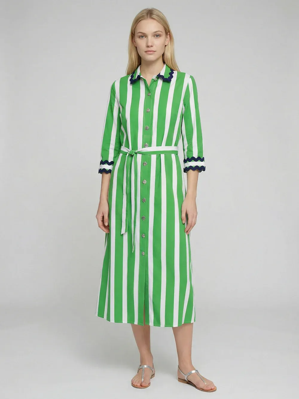 GREEN STRIPED SHIRT DRESS WITH RIC RAC