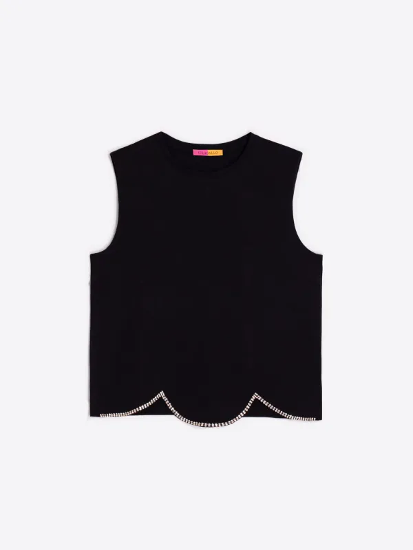 BLACK SLEEVELESS TOP SCALLOPED HEM