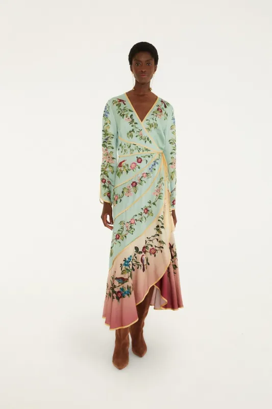 BIRDS TREE GREEN MIX MAXI LONG SLEEVE DRESS