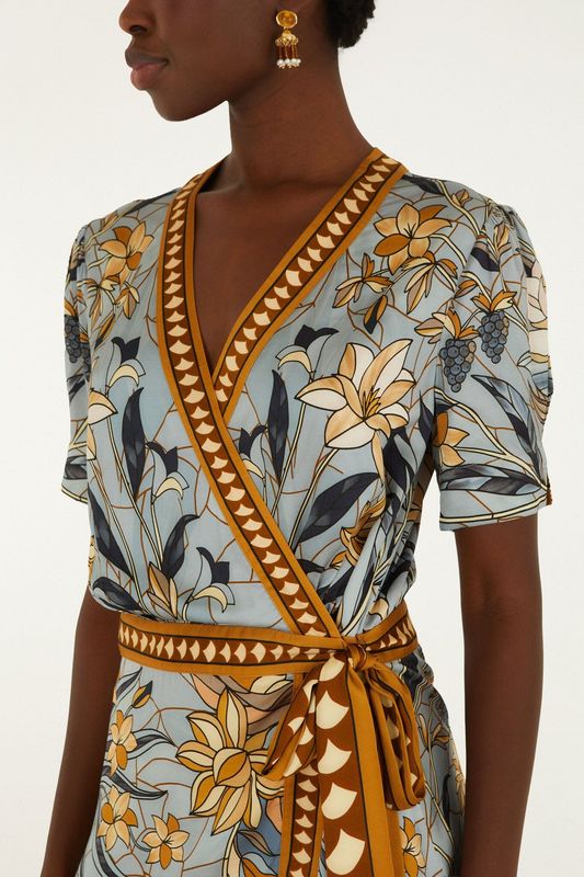 STAINED GLASS BEAUTY SOFT BLUE WRAP MINI DRESS