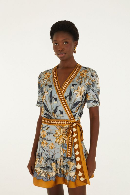 STAINED GLASS BEAUTY SOFT BLUE WRAP MINI DRESS
