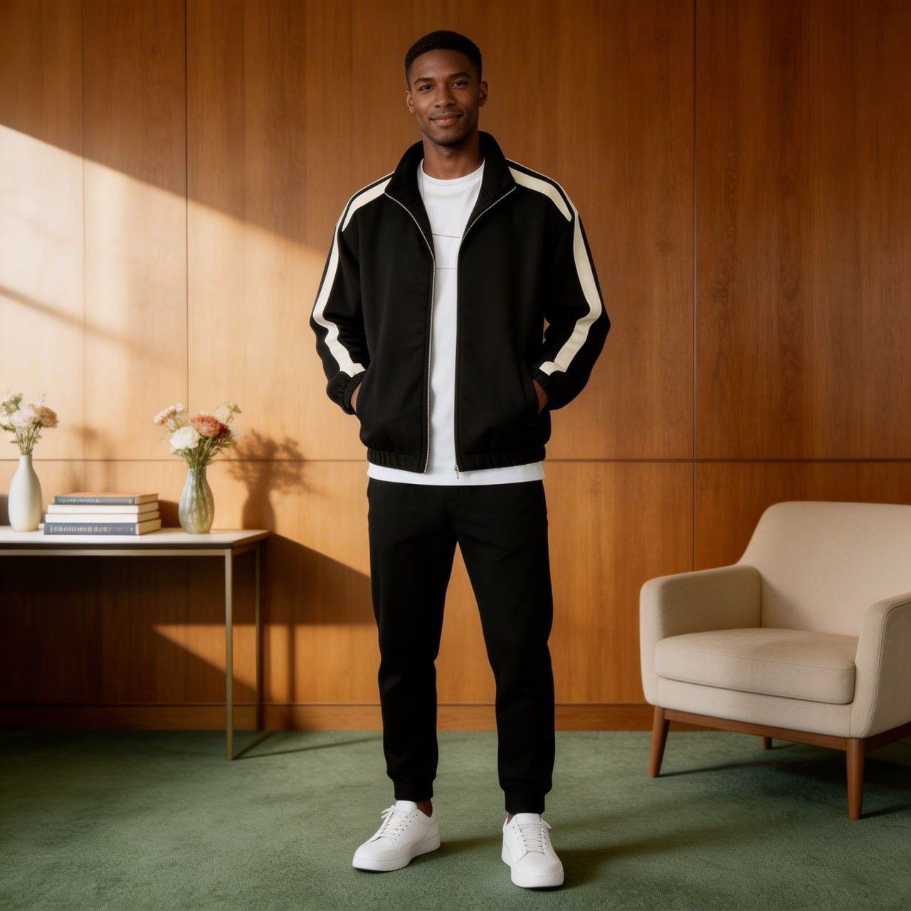 Stripped zipper turtleneck with pants