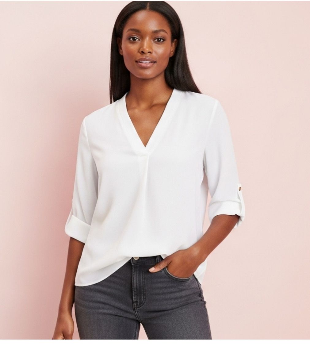 Standard Crepe White V-neck Blouse