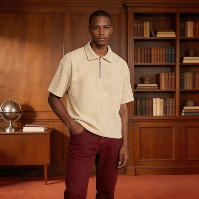 Standard Cotton Zip Up Polo And Denim Pants