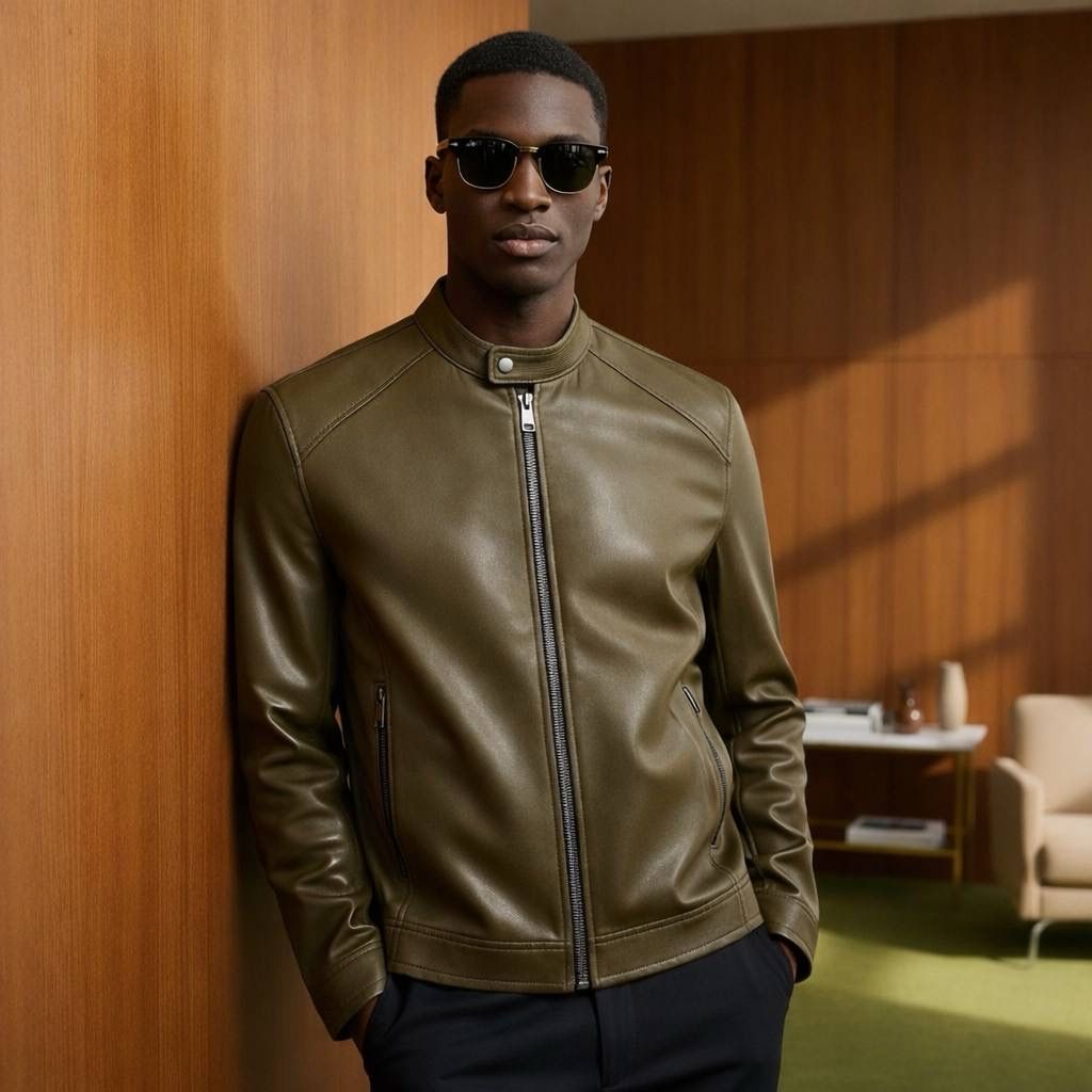 Leather Button Turtleneck Jacket