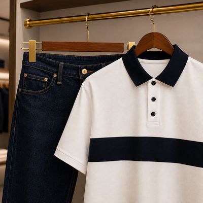 Stripe Polo and Denim Pants