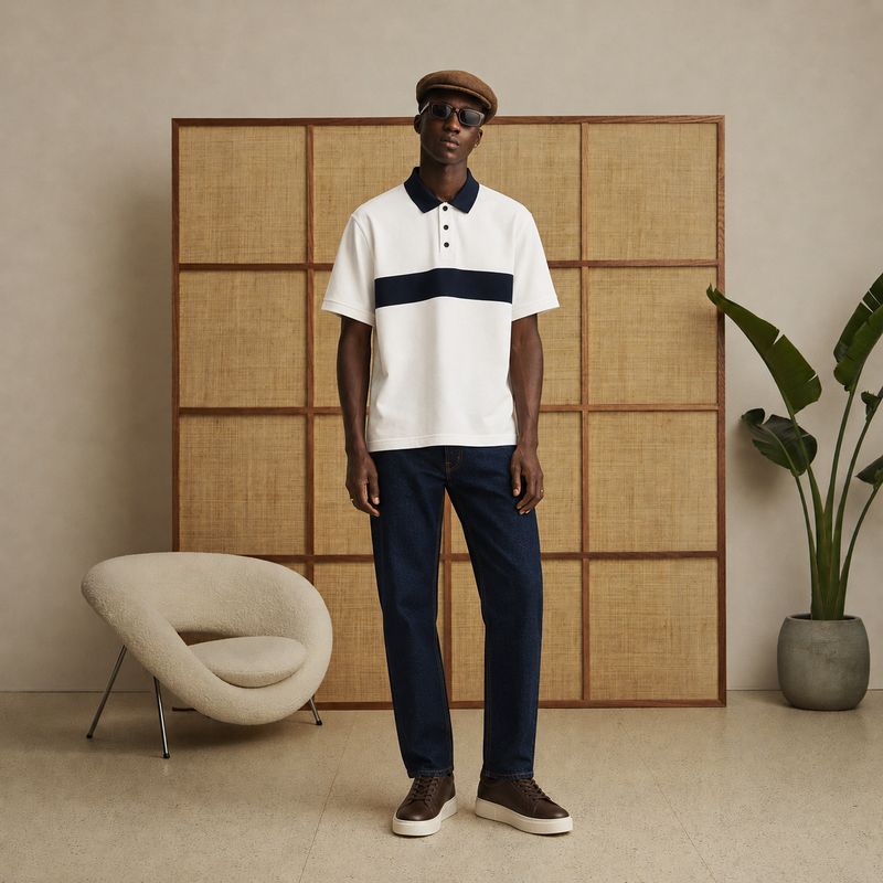 Stripe Polo and Denim Pants