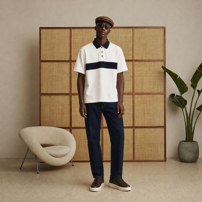 Stripe Polo and Denim Pants
