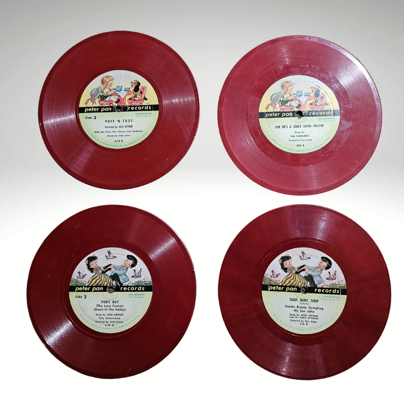 Set of four &quot;non-breakable&quot; red children&#39;s vinyl records from Peter Pan Records