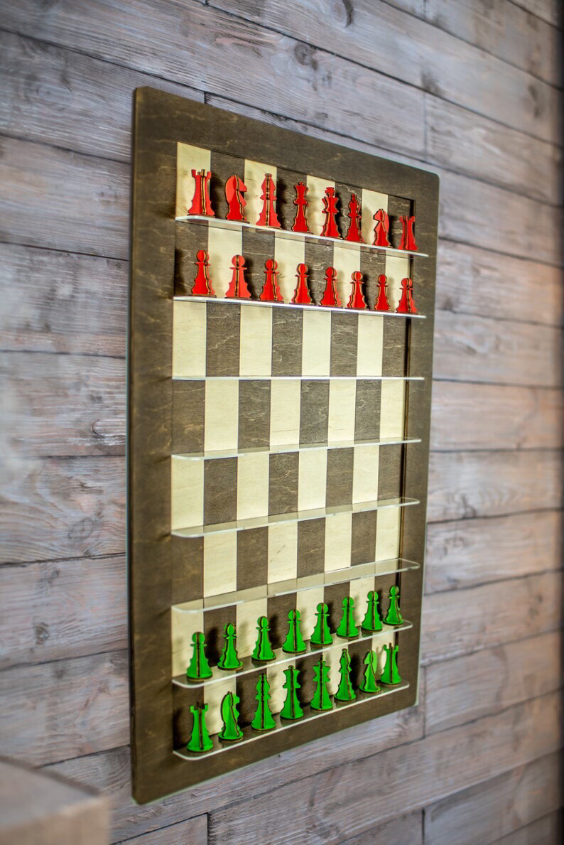 Vertical Wooden Chess Set with Wooden Pieces