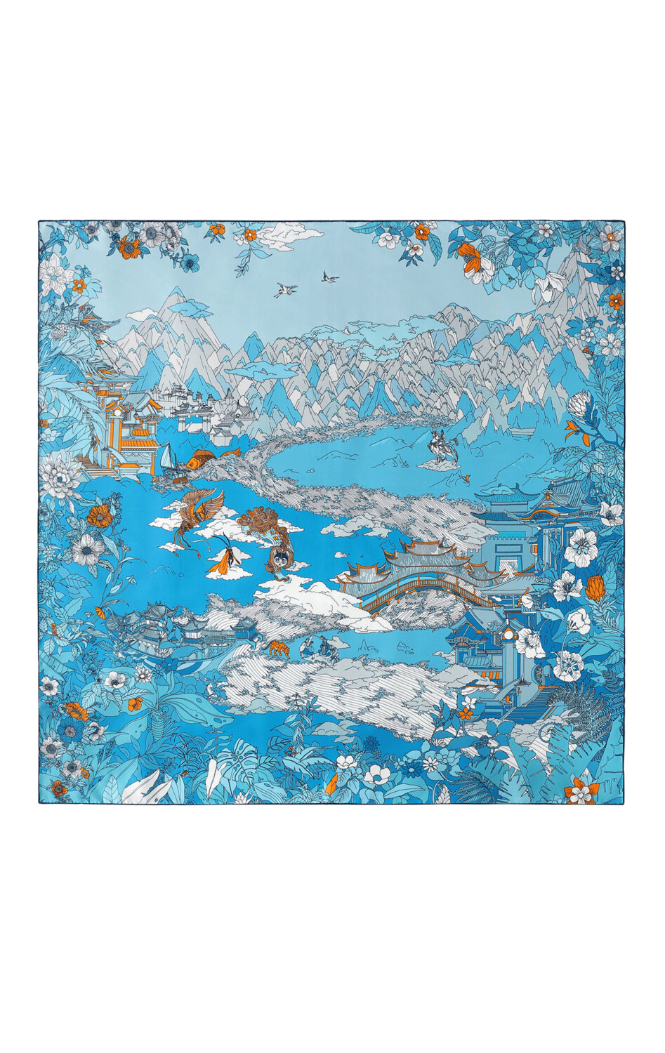 Scarf Chinese Landscape Blue/Ochre
