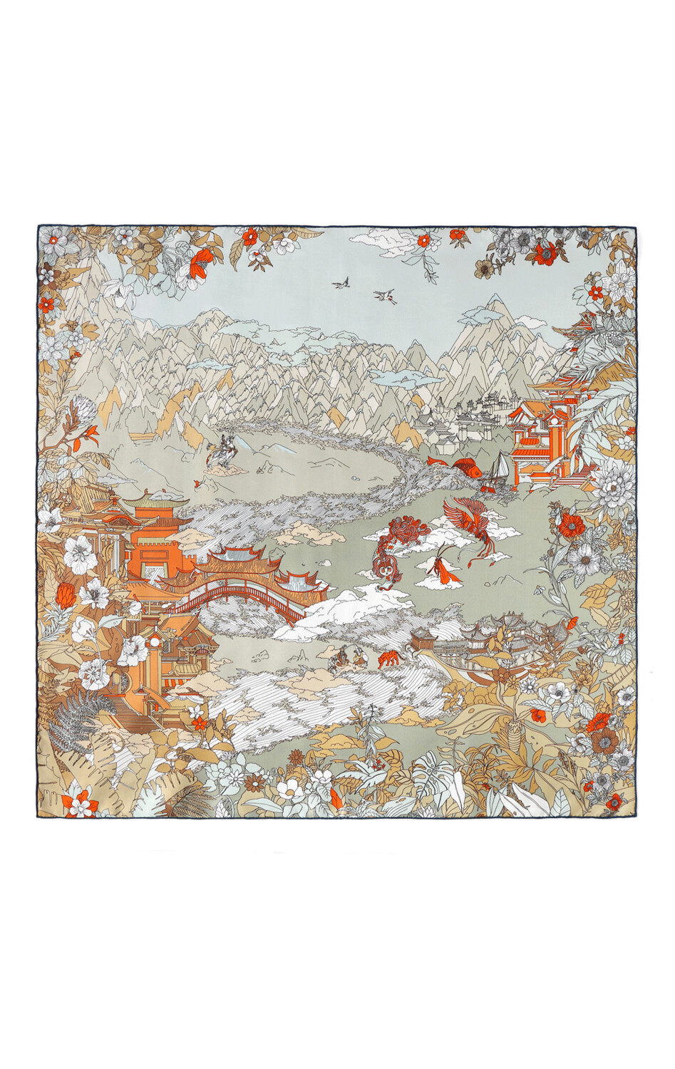 Scarf Chinese Landscape Blue/Ochre