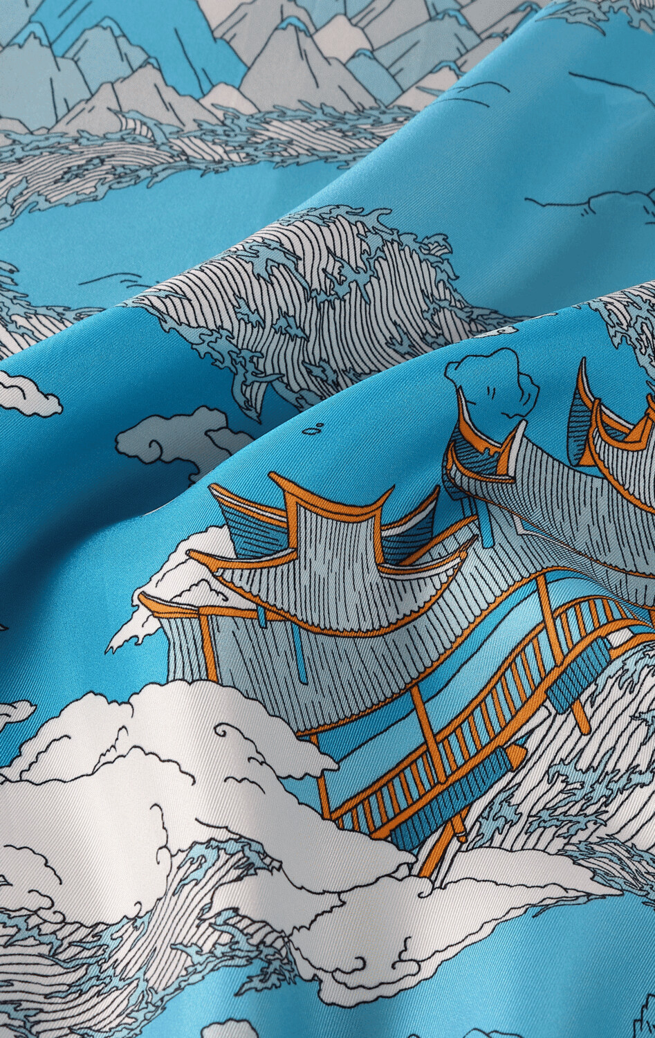 Scarf Chinese Landscape Blue/Ochre