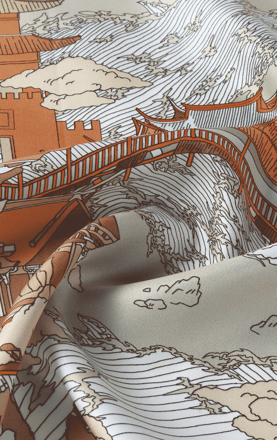 Scarf Chinese Landscape Blue/Ochre