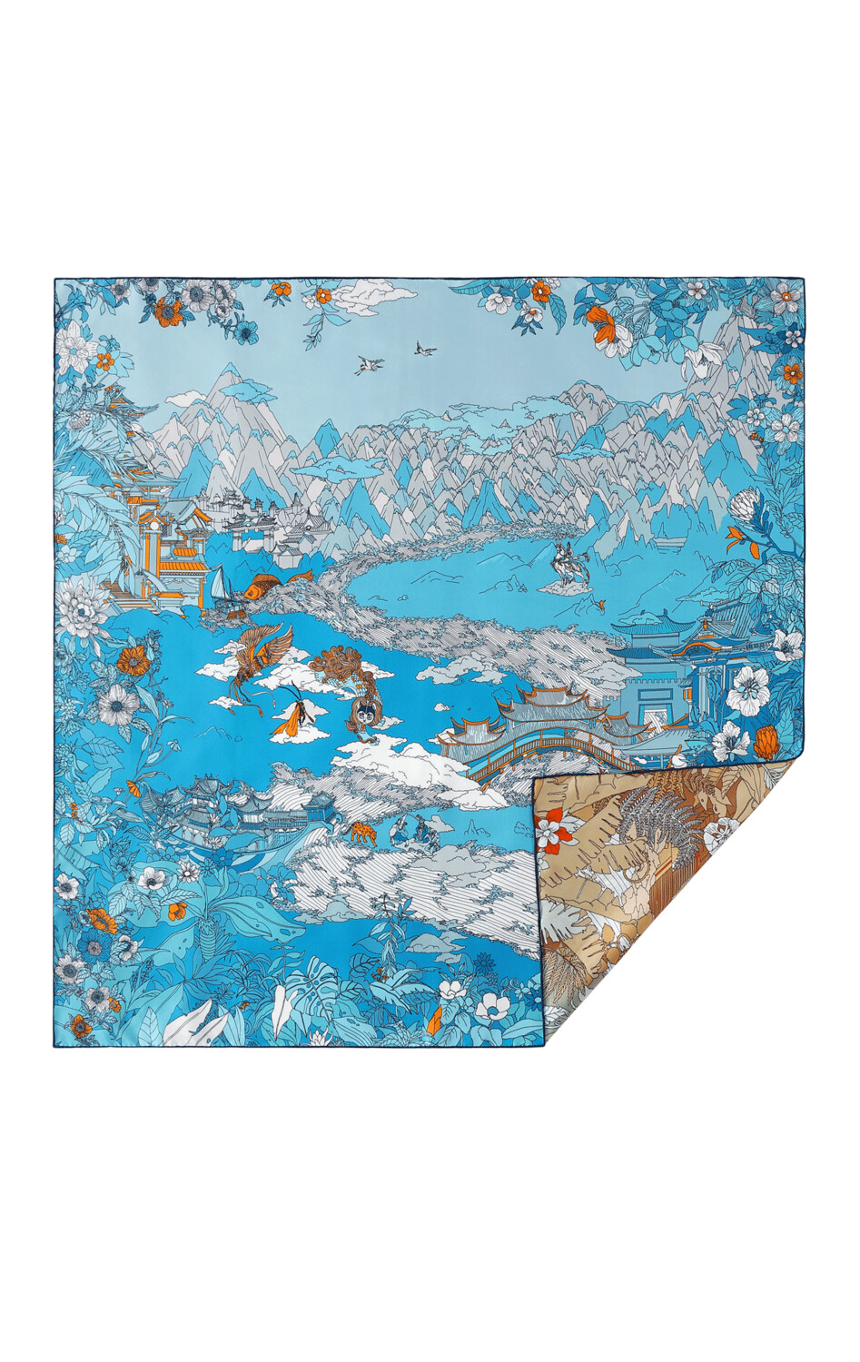 Scarf Chinese Landscape Blue/Ochre