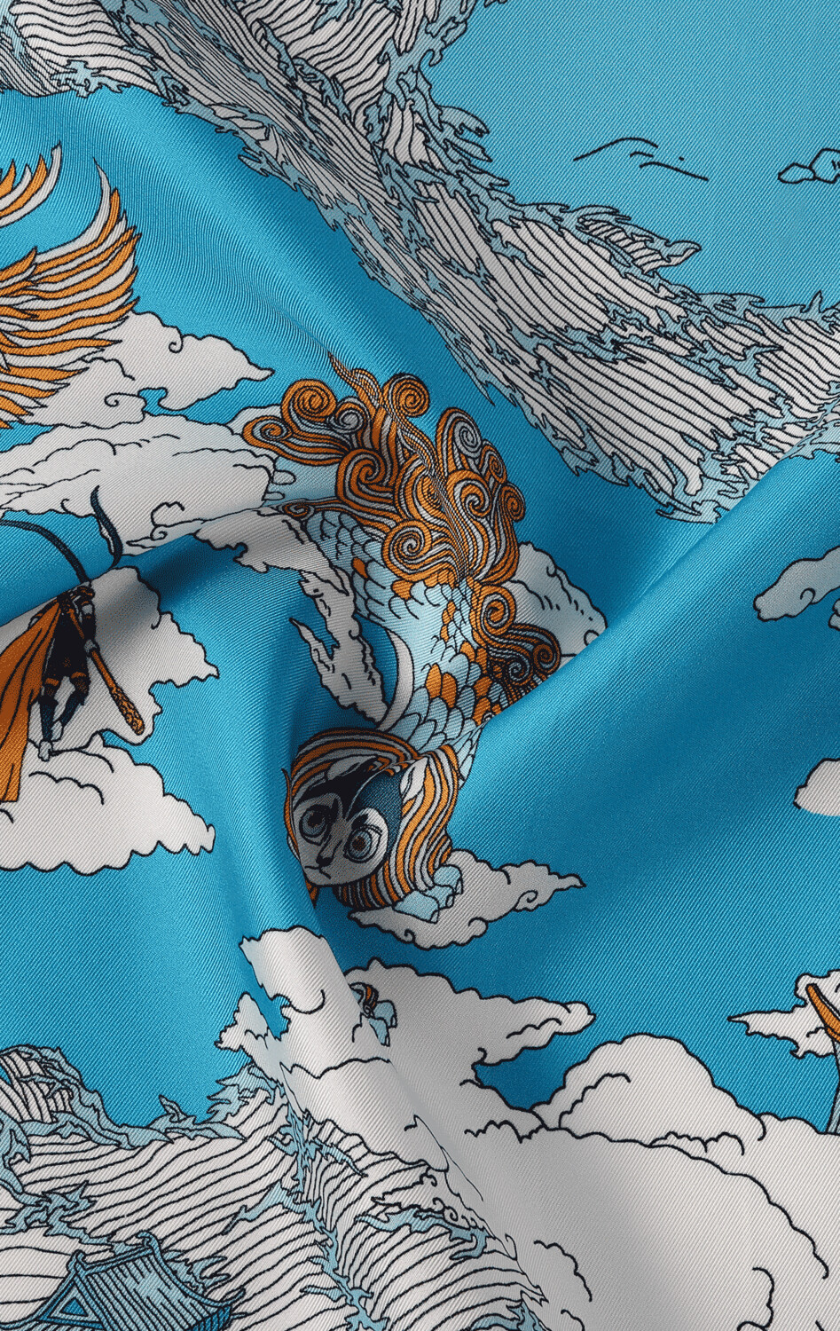 Scarf Chinese Landscape Blue/Ochre