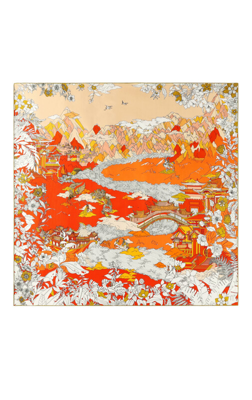 Scarf Chinese Landscape Orange/Pink