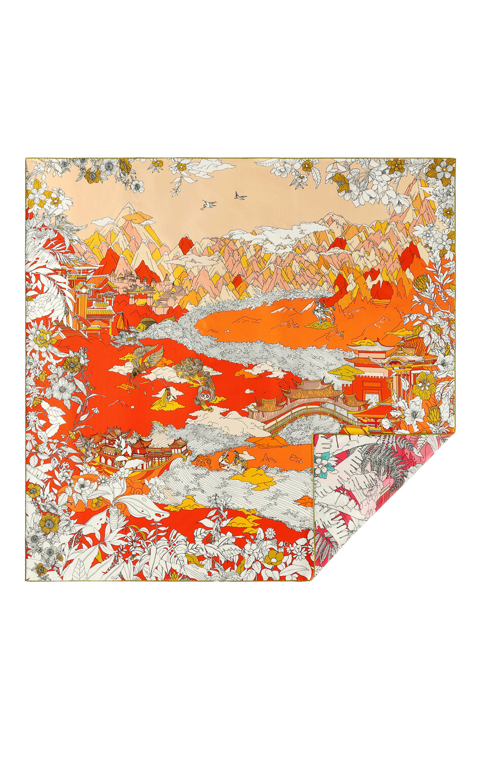 Scarf Chinese Landscape Orange/Pink