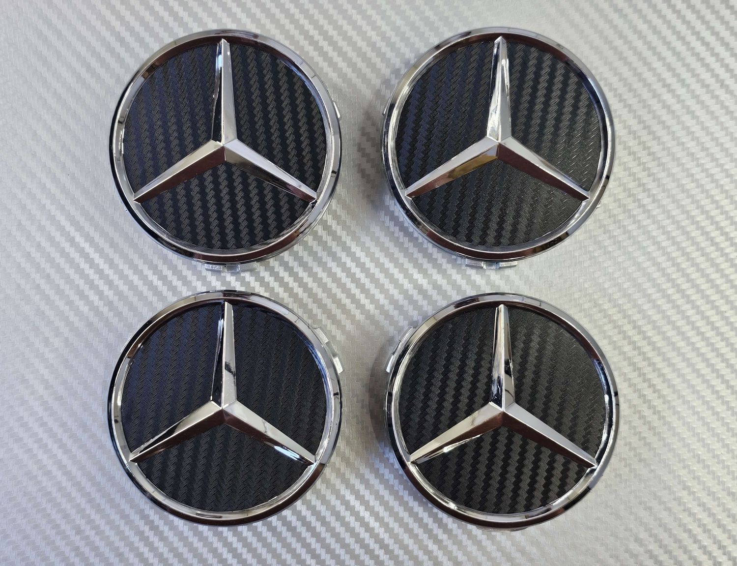 Mercedes Wheel Centre Caps - 75mm - Carbon Fibre/Chrome Star