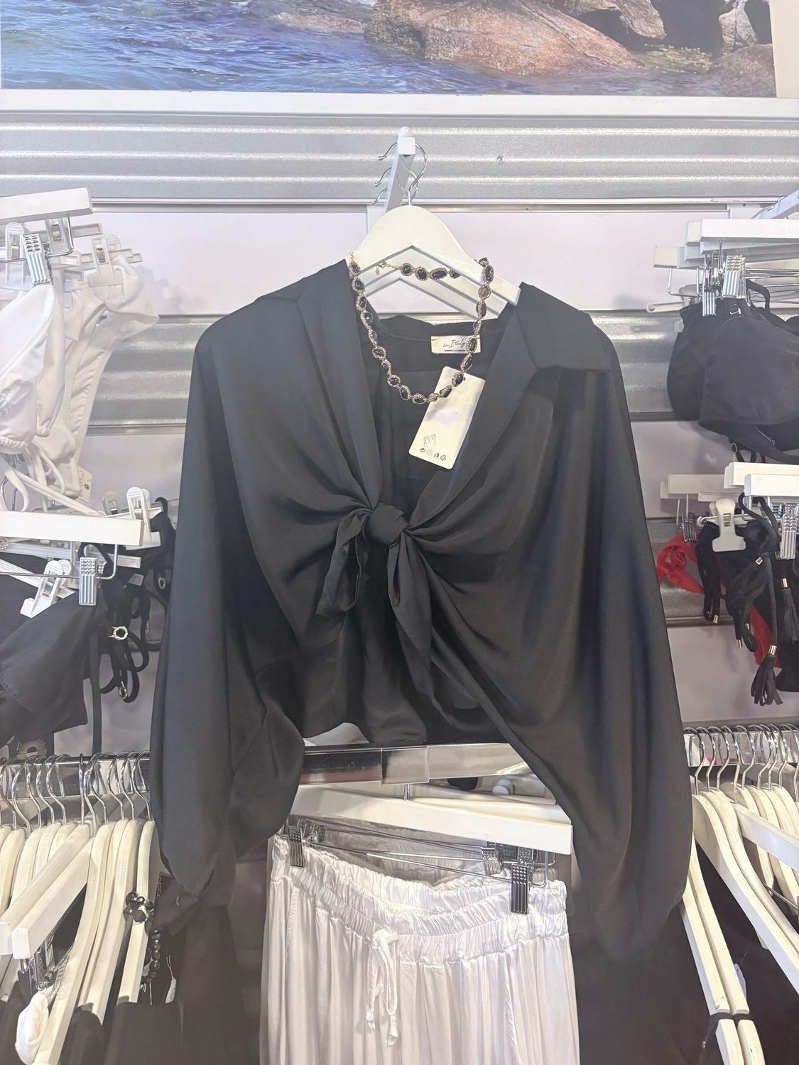 Satin Black Tie Front Crop Top