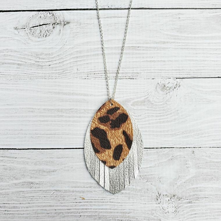 Tan Cheetah & Silver Fringe Leather Necklace