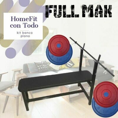 Kit banco Plano: barra de 1.5m maciza 28mm + 20 kg de discos engomados Kit banco Plano: barra de 1.5m maciza 28mm + 20 kg de discos engomados
