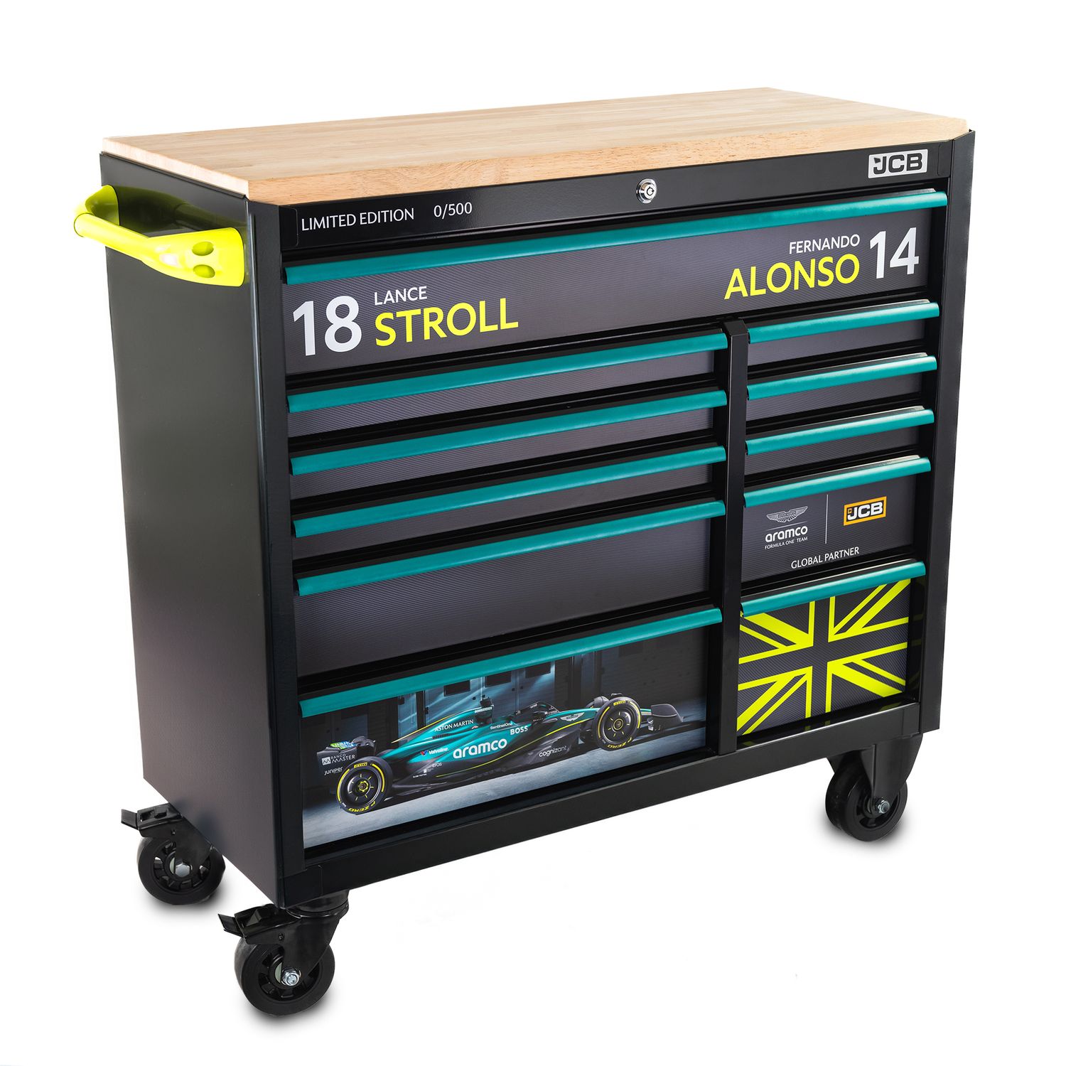 Aston Martin Aramco Formula One® Team x JCB 42” Steel 11 Drawer Roller Cabinet with Hardwood Worktop