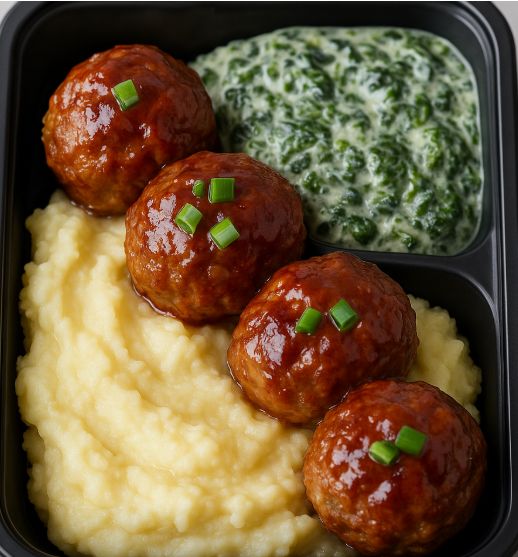 Sugarfree BBQ Turkey Meatballs w/Mash & Creamed Spinach