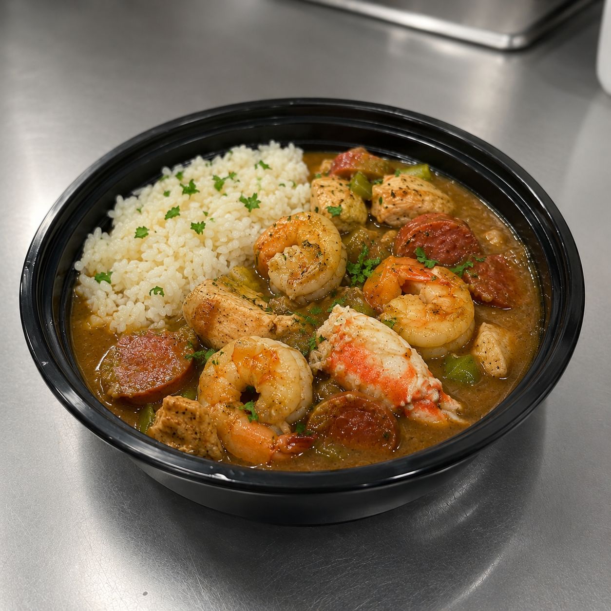 Skinny Girl Gumbo  (Crab, Chicken Sausage & Shrimp) - Roux is made from a Nut based flour)