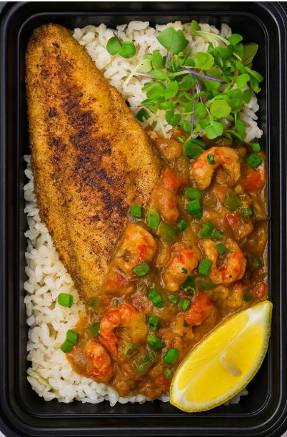 Blackened Fish & Low Carb Crawfish Etouffee w/Brown Rice